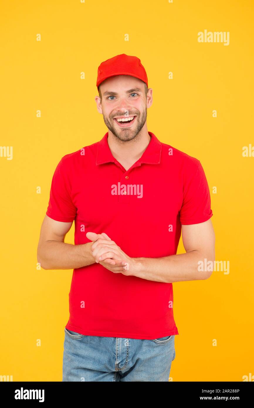 Shop worker. Handsome guy cashier uniform. Restaurant cafe staff wanted