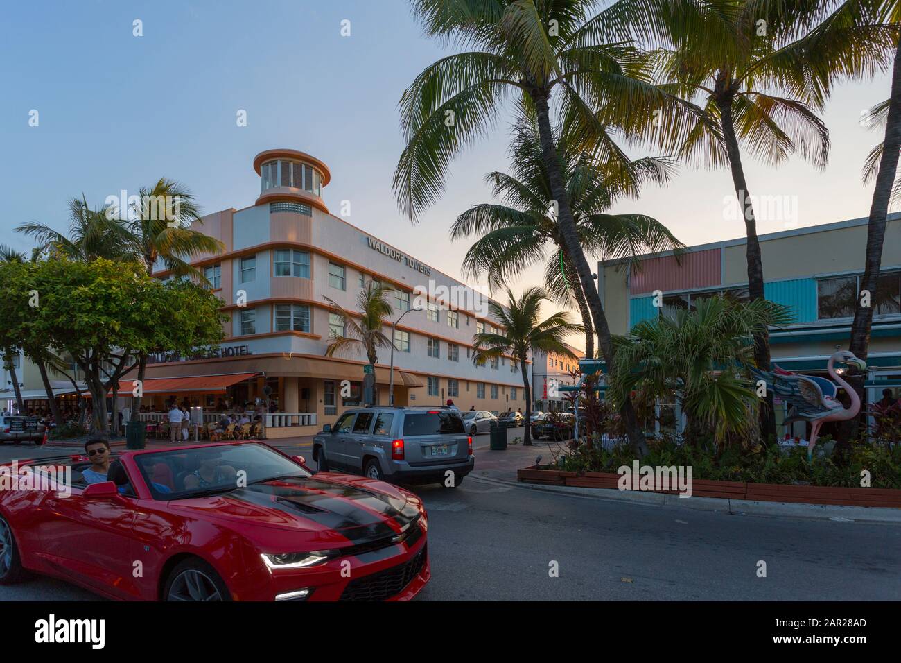 Ocean Drive restaurants and Art Deco architecture at dusk, South Beach