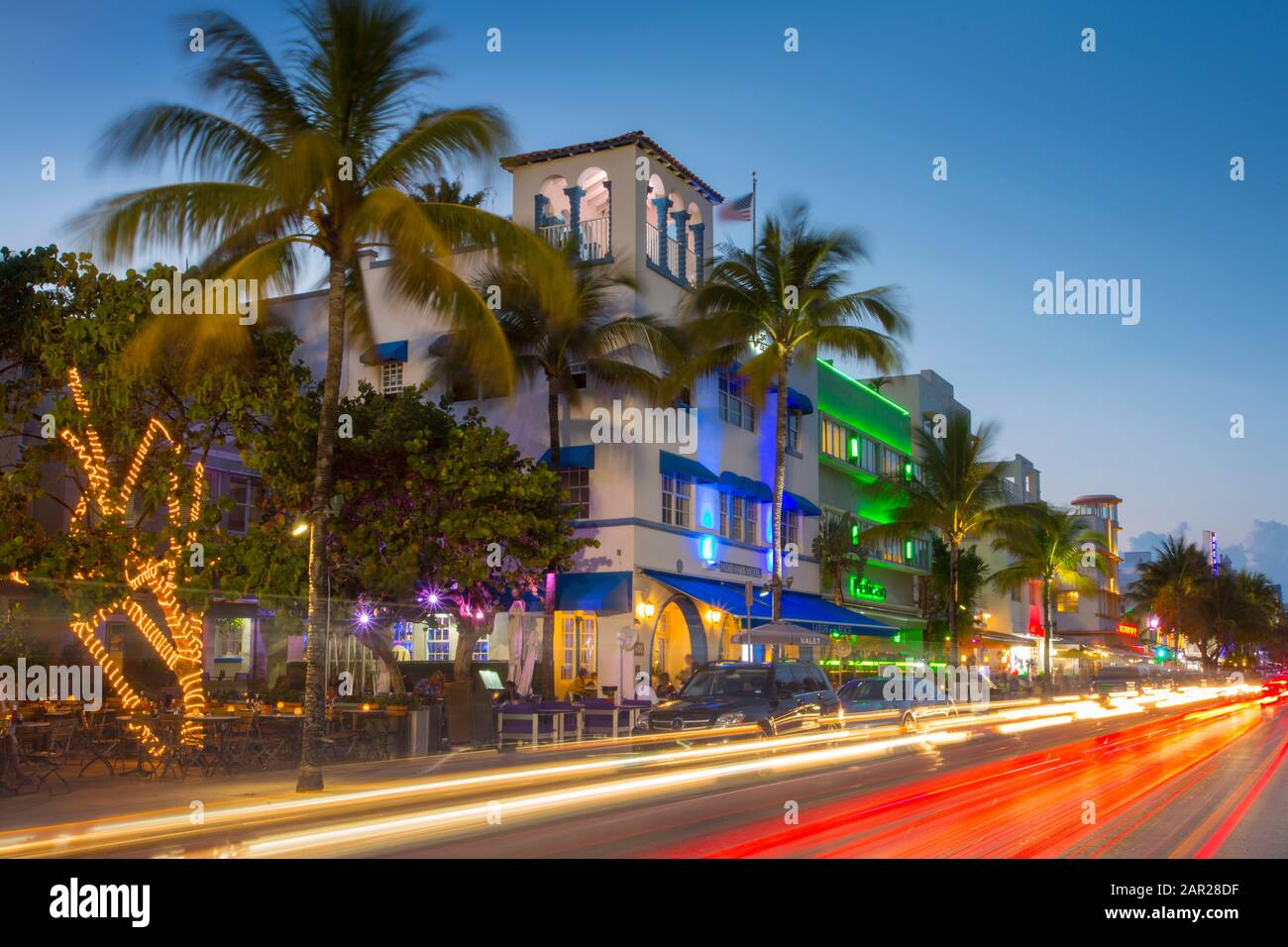 Ocean Drive restaurants and Art Deco architecture at dusk, South Beach ...