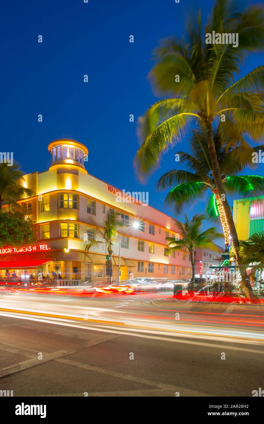 Ocean Drive restaurants and Art Deco architecture at dusk, South Beach, Miami Beach, Miami, Florida, United States of America, North America Stock Photo