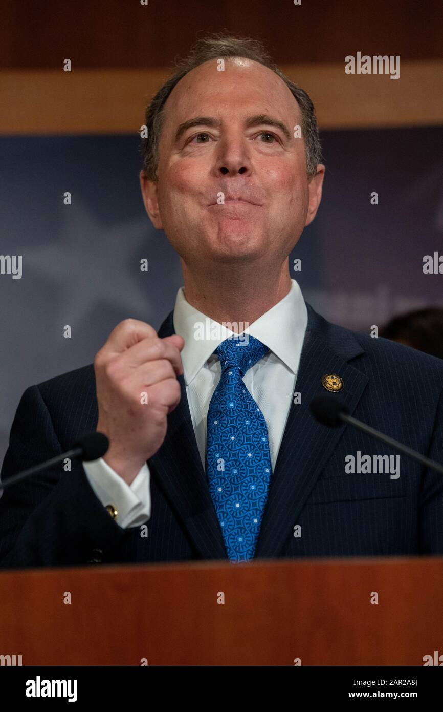 Washington, United States. 25th Jan, 2020. Committee Chairman Rep. Adam Schiff (D-CA) speaks to the media at a press conference on Capitol Hill during the continuation of the Impeachment trial against President Trump in Washington, DC on Saturday, January 25, 2020. Trump is facing two articles of impeachment; abuse of power and obstruction of congress. Photo by Ken Cedeno/UPI Credit: UPI/Alamy Live News Stock Photo