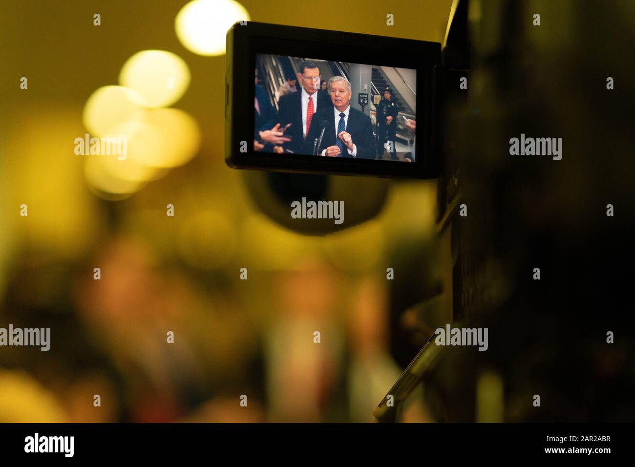 Washington, United States. 25th Jan, 2020. U.S. Sen. Lindsey Graham (R-SC) speaks to the media at a press conference on Capitol Hill during the continuation of the Impeachment trial against President Trump in Washington, DC on Saturday, January 25, 2020. Trump is facing two articles of impeachment; abuse of power and obstruction of congress. Photo by Ken Cedeno/UPI Credit: UPI/Alamy Live News Stock Photo