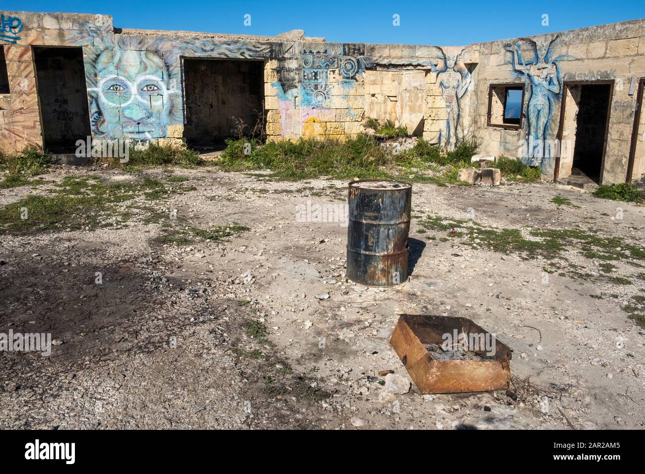 Graffiti on the abandoned Second World War Fort Campbell, near Mellieha, Malta Stock Photo