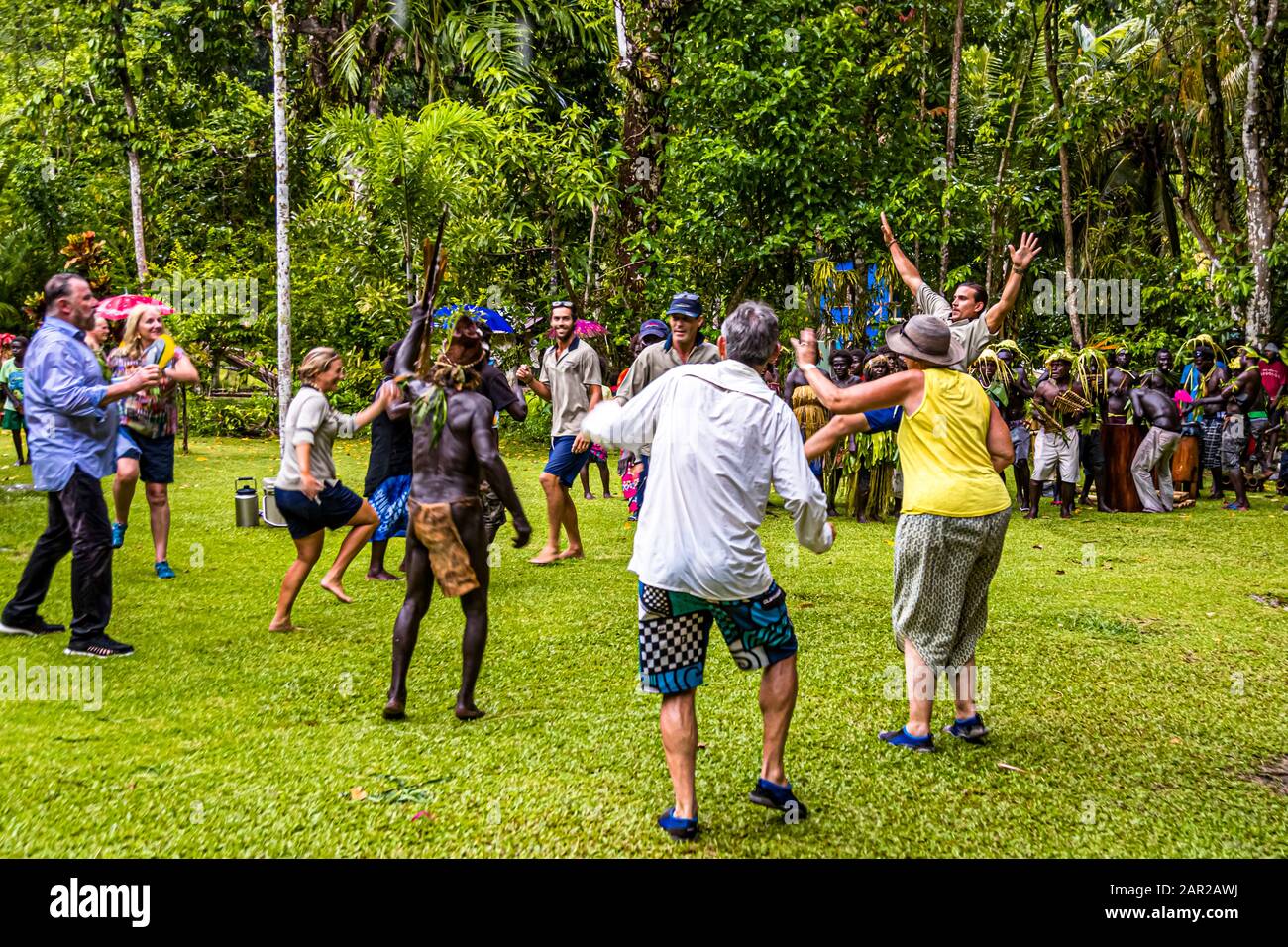 Traditional Sing-Sing with foreign guests on Tautsina Island, Bougainville, Papua New Guinea Stock Photo