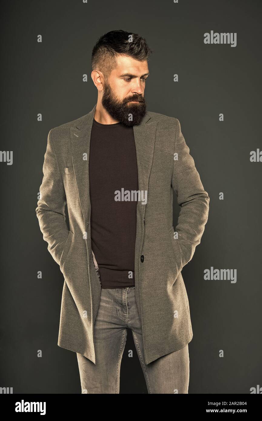 Daily outfit. Fall fashion. Maintaining masculine look. Brutal hipster man.  Hipster wearing casual clothes. Hipster with beard hair and stylish  haircut. Bearded man trendy hipster style. Warm jacket Stock Photo - Alamy