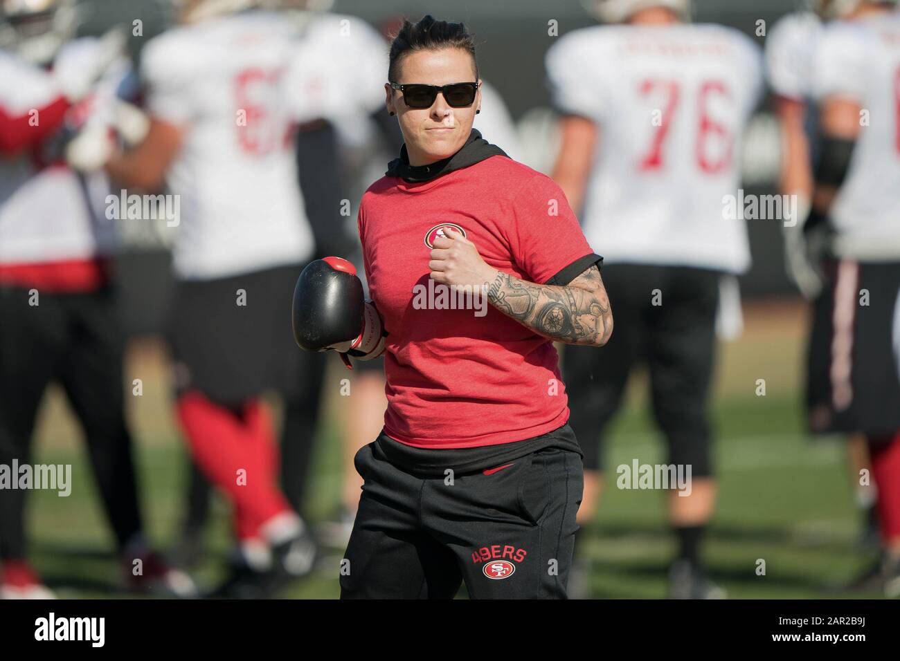 San Francisco 49ers offensive assistant coach Katie Sowers during practice  in preparation for Super Bowl LIV at the SAP Performance Center, Friday,  Jan. 24, 2020, in Santa Clara, California. (Photo by IOS/ESPA-Images