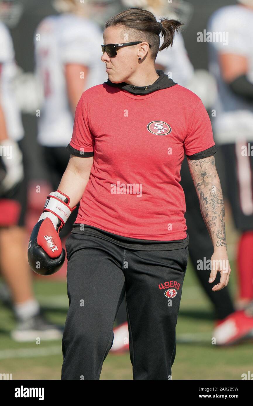 San Francisco 49ers offensive assistant coach Katie Sowers during practice  in preparation for Super Bowl LIV at the SAP Performance Center, Friday,  Jan. 24, 2020, in Santa Clara, California. (Photo by IOS/ESPA-Images