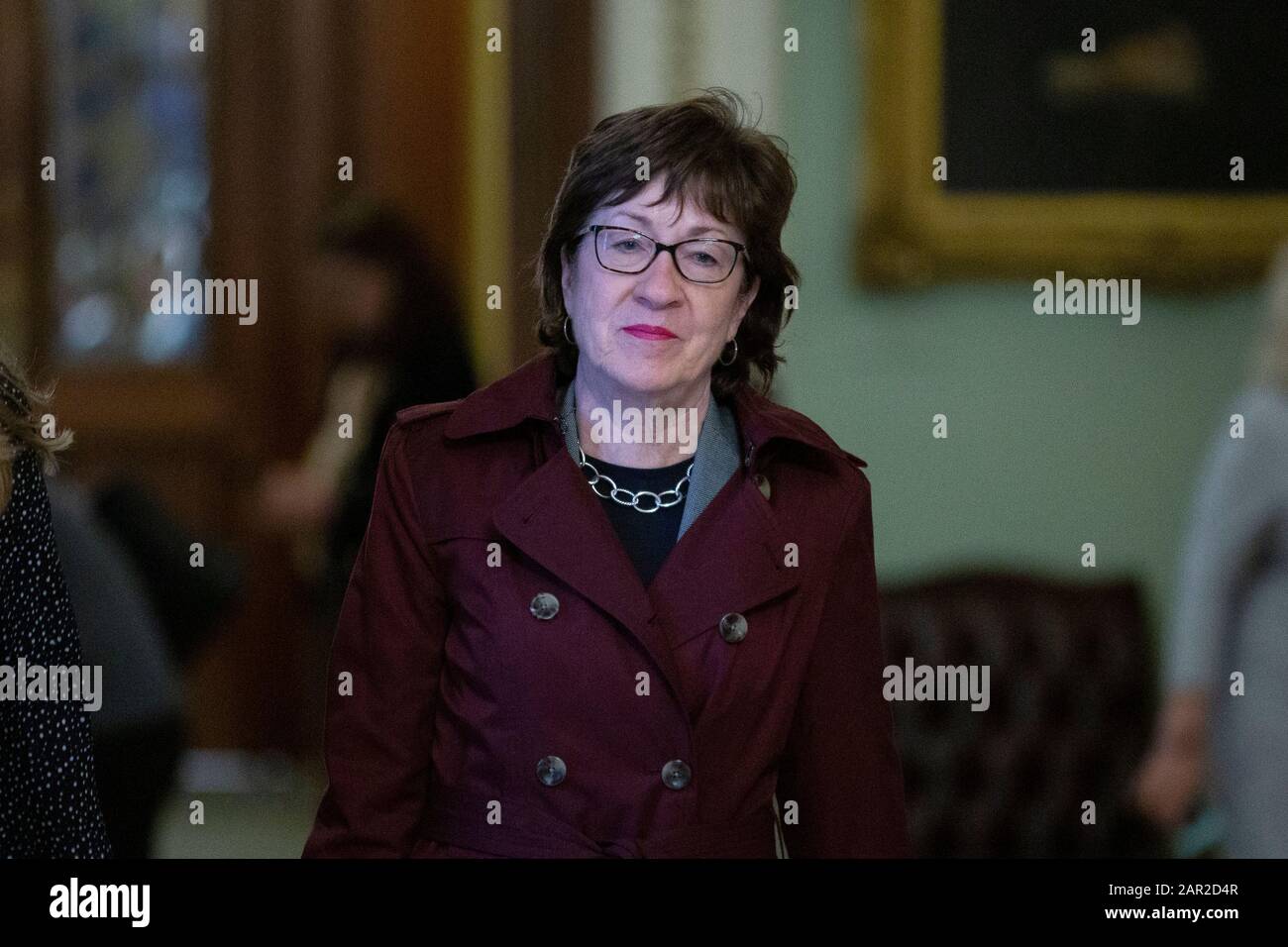 Washington DC, USA. 25th Jan 2020.  United States Senator Susan Collins (Republican of Maine) walks through the Ohio Clock Corridor of the United States Capitol in Washington, DC, U.S., on Saturday, January 25, 2020 as Jay Sekulow, personal lawyer for President Donald Trump, and White House counsel Pat Cipollone prepare to present their defense of United States President Donald J. Trump on the Senate Floor. Credit: Stefani Reynolds/CNP /MediaPunch Stock Photo