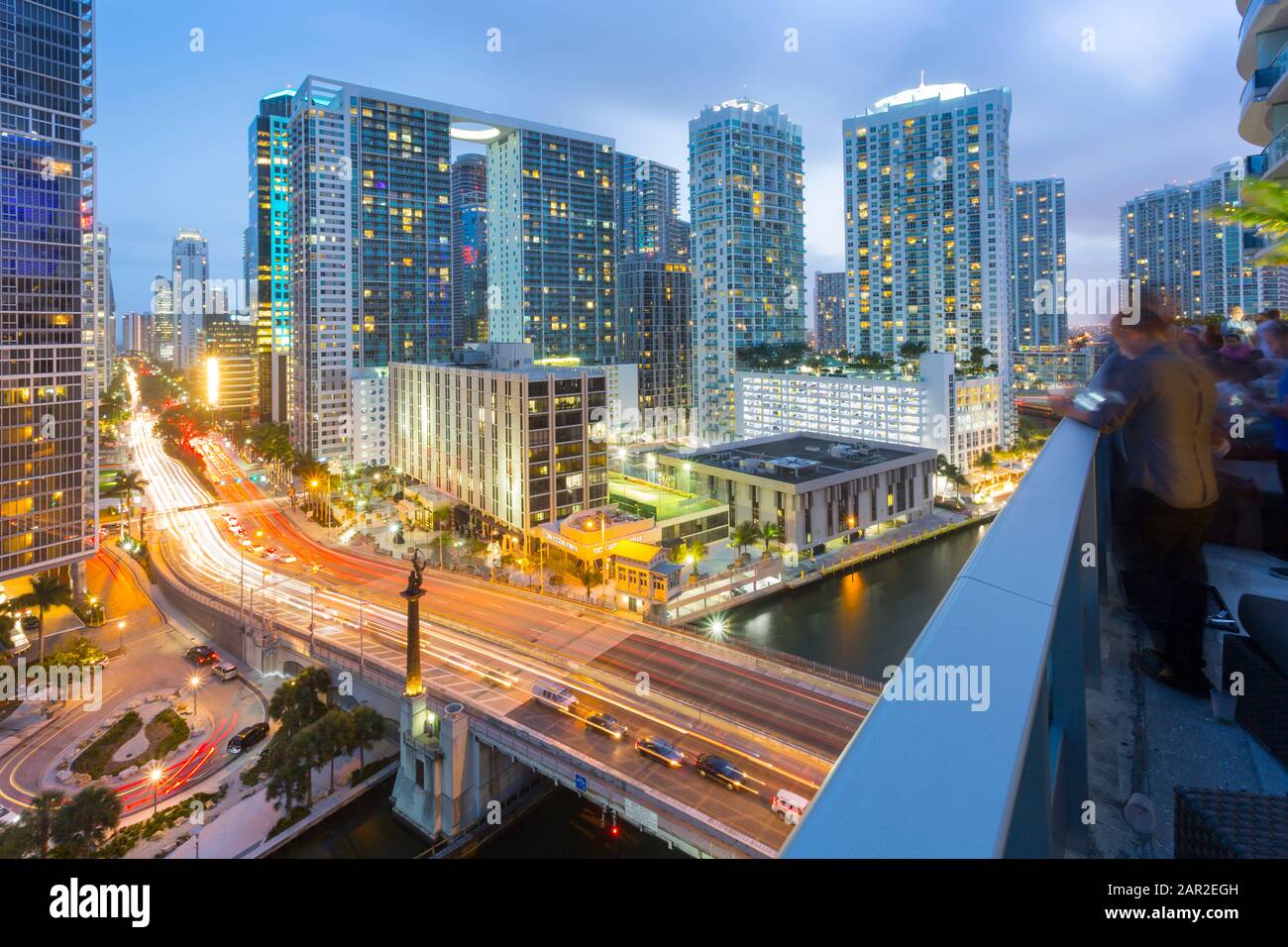 Rooftop bar overlooking traffic on Birckell Avenue at dusk, Miami, Florida, United States of America, North America Stock Photo