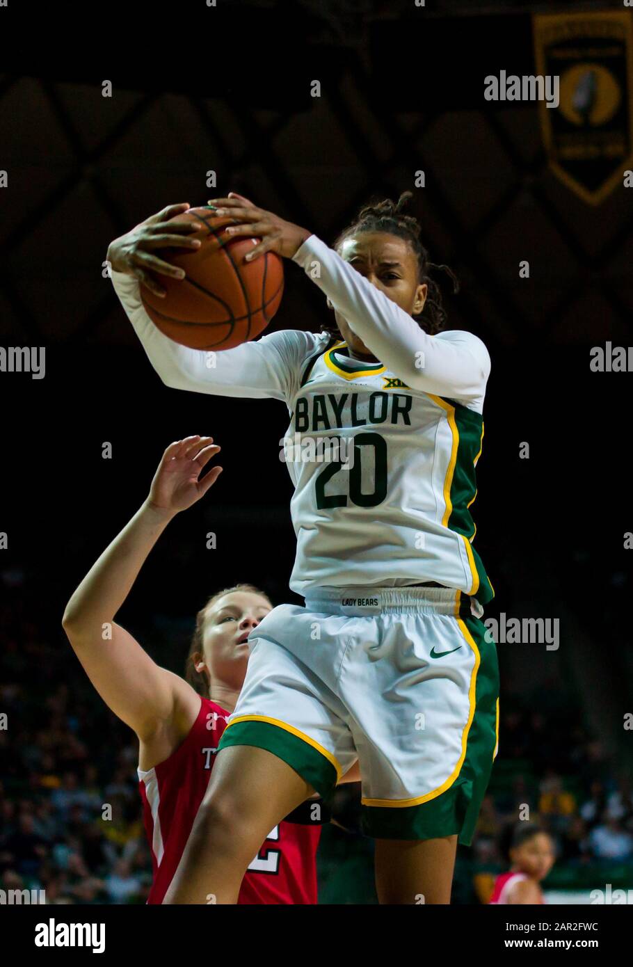 Waco, Texas, USA. 25th Jan, 2020. Baylor Lady Bears guard Juicy Landrum (20) comes down with a rebound during the 1st half of the NCAA Women's Basketball game between Texas Tech Red Raiders and the Baylor Lady Bears at The Ferrell Center in Waco, Texas. Matthew Lynch/CSM/Alamy Live News Stock Photo