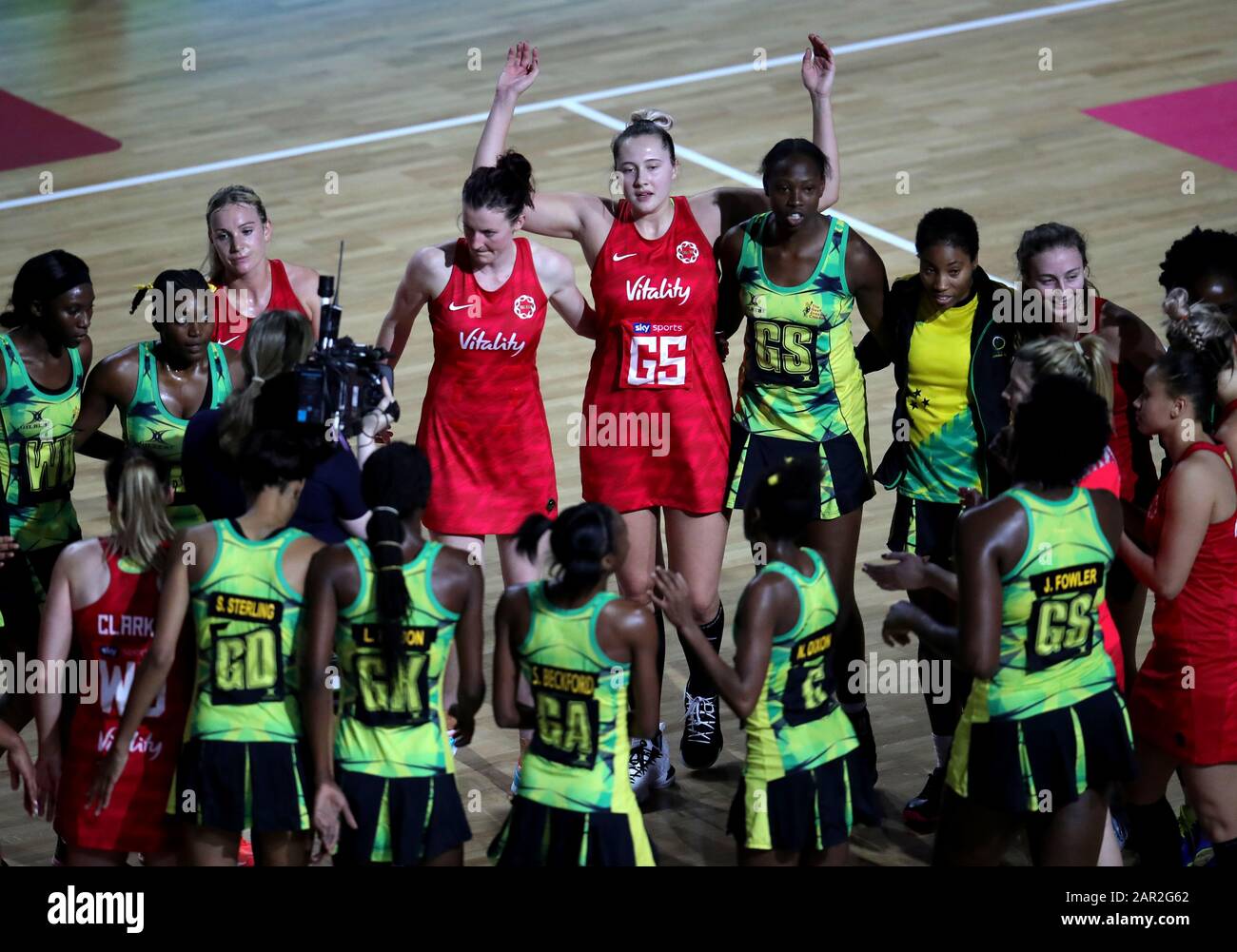 Both teams form a circle after their Vitality Netball Nations Cup match