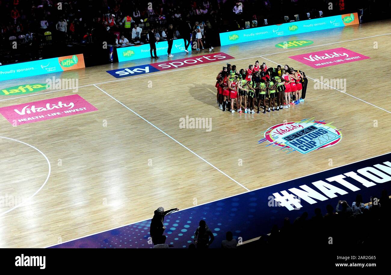 Both teams form a circle after their Vitality Netball Nations Cup match