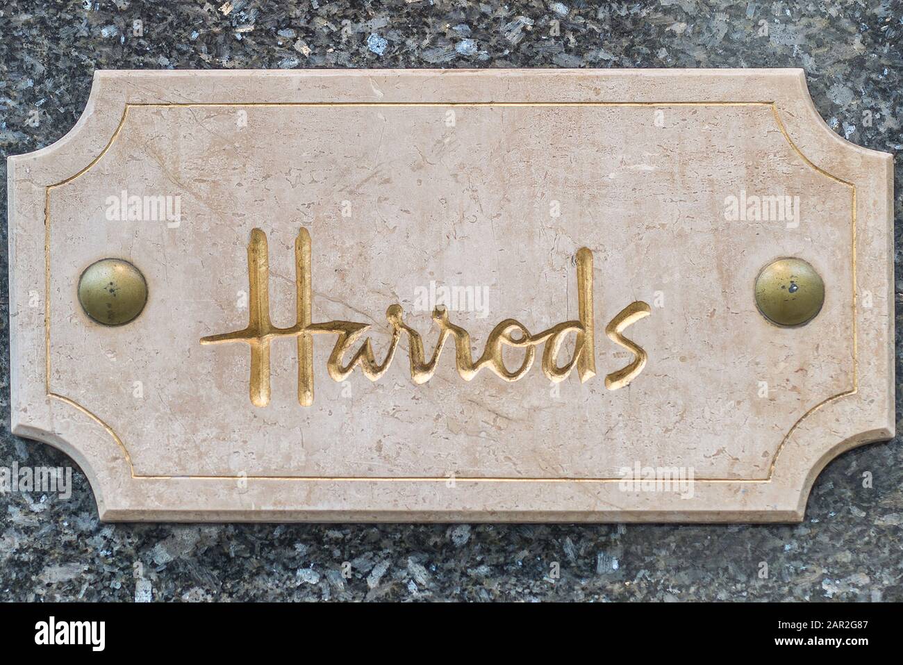 Harrods Sign & Symbol in London, Shop Theme. Stock Photo