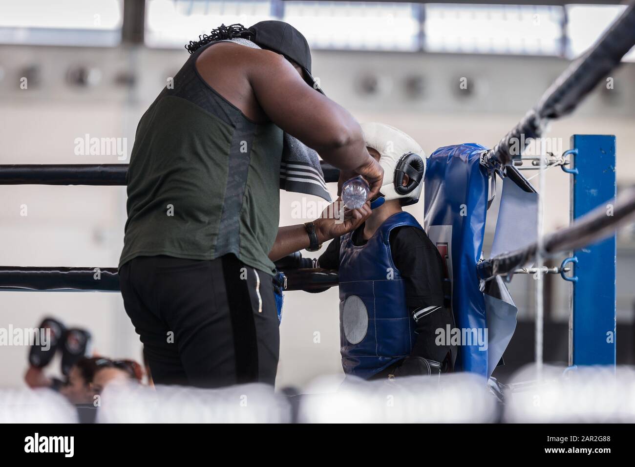 Child Boxer is Quenching in the Ring's Corner during the Break with his ...