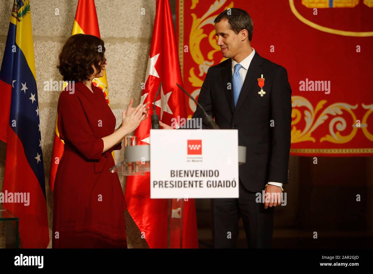 Juan Guaido self-proclaimed president of Venezuela visits Madrid and receives the international medal of the Community of Madrid. (Photo by Jose Cuesta/261/Cordon Press). Isabel Ayuso president of Community of Madrid. Credit: CORDON PRESS/Alamy Live News Stock Photo