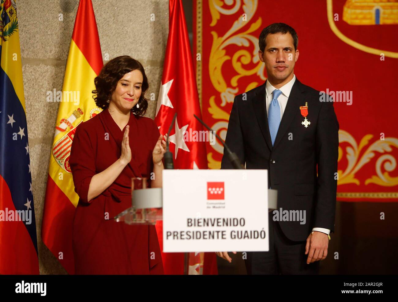 Juan Guaido self-proclaimed president of Venezuela visits Madrid and receives the international medal of the Community of Madrid. (Photo by Jose Cuesta/261/Cordon Press). Isabel Ayuso president of Community of Madrid. Credit: CORDON PRESS/Alamy Live News Stock Photo