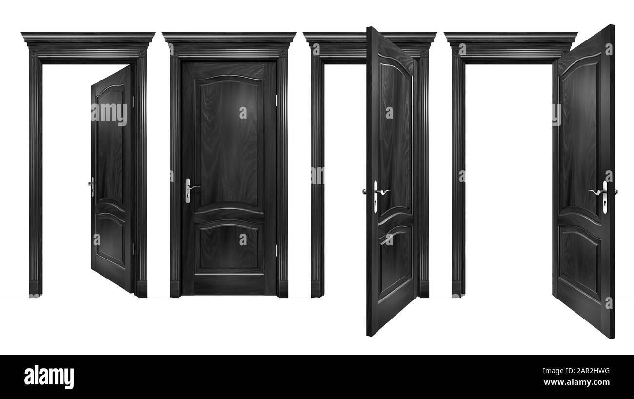 Open and closed black doors with arched panels, cornice, columns. Textured wooden doorways with silver trim, isolated on white Stock Photo