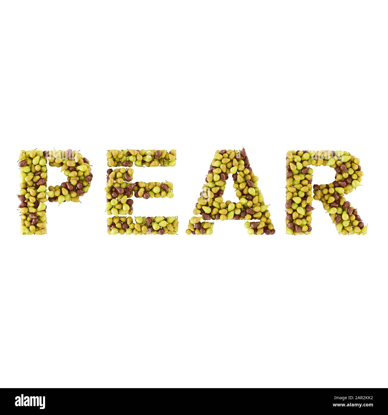 Written word pear from real different pear varieties on a white