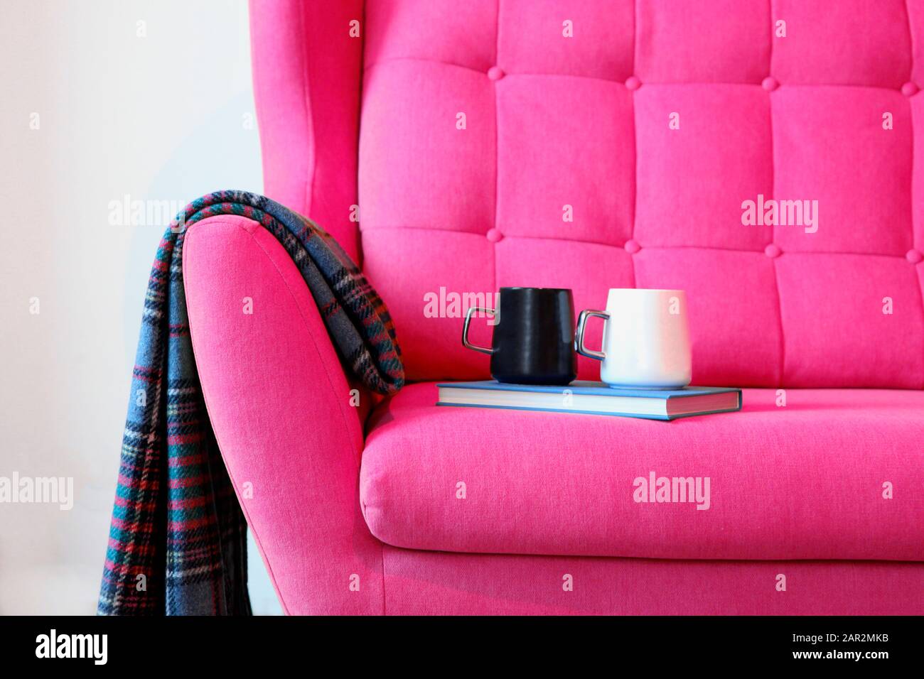 Cup Of Tea And Blue Book On A Pink Coach With Blanket Still Life