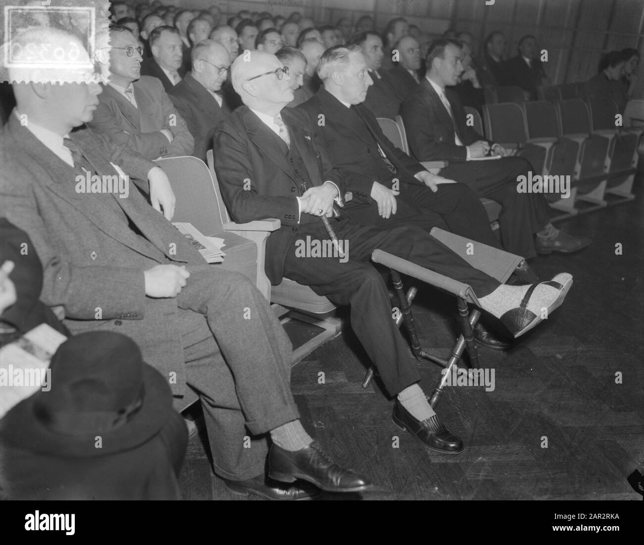 Wages congress of the Catholic Workers Movement (KAB) in Utrecht in building K & W. The chairman of the KVP Group, Prof. mr. C.P.M. Romom with injured foot belonged to the guests. Next to Prof. Romme sits dr. Oilerook Date: 13 October 1953 Location: Utrecht Keywords: congresses, trade unions Personal name: Kab, Romme Stock Photo