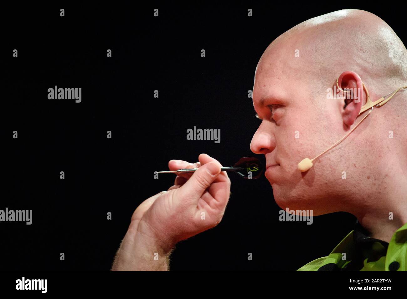 Kiel, Germany. 25th Jan, 2020. Michael van Gerwen, Dutch dart player,  throws a dart on stage during the Baltic Darts Gala in the  Sparkassen-Arena. Credit: Gregor Fischer/dpa/Alamy Live News Stock Photo -