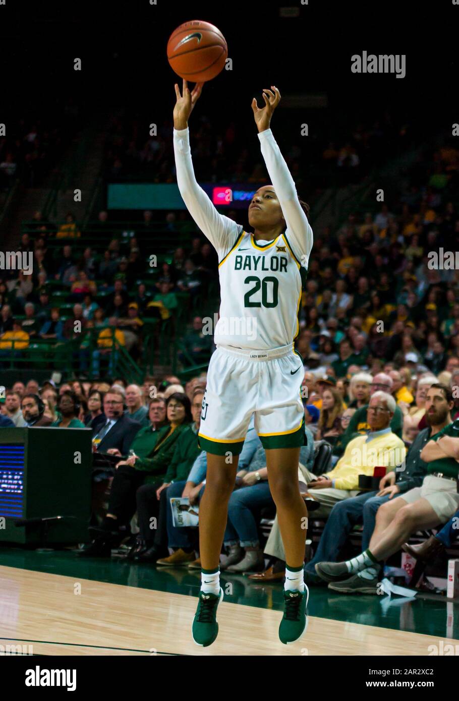 Waco, Texas, USA. 25th Jan, 2020. Baylor Lady Bears guard Juicy Landrum (20) shoots a 3 point shot during the 2nd half of the NCAA Women's Basketball game between Texas Tech Red Raiders and the Baylor Lady Bears at The Ferrell Center in Waco, Texas. Matthew Lynch/CSM/Alamy Live News Stock Photo