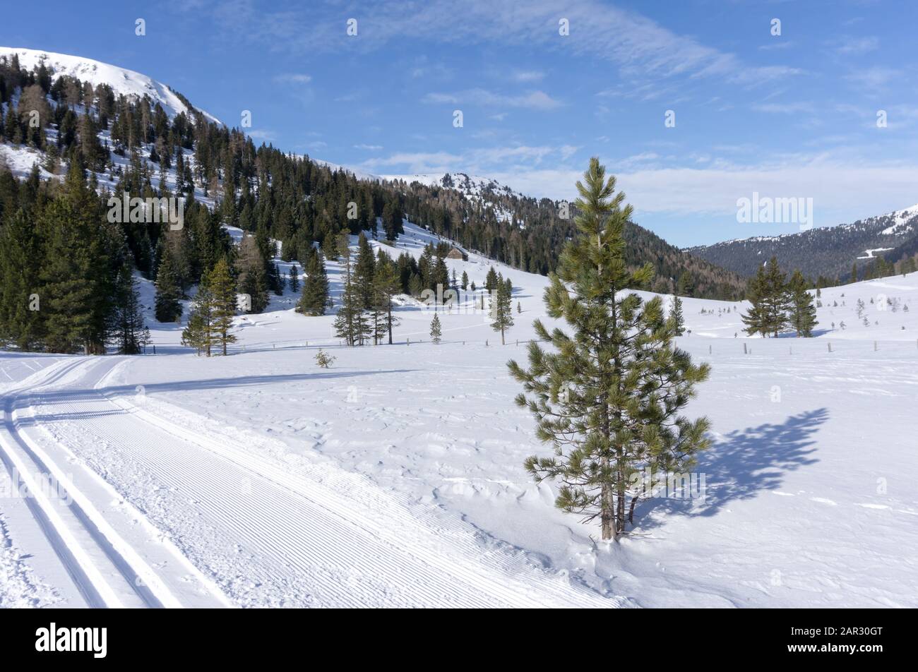 Winter landscape with a road with a cross-country trail in the Schonfeld area, Salzburger Lungau, Austria, Europe. Winter and Christmas background. Stock Photo