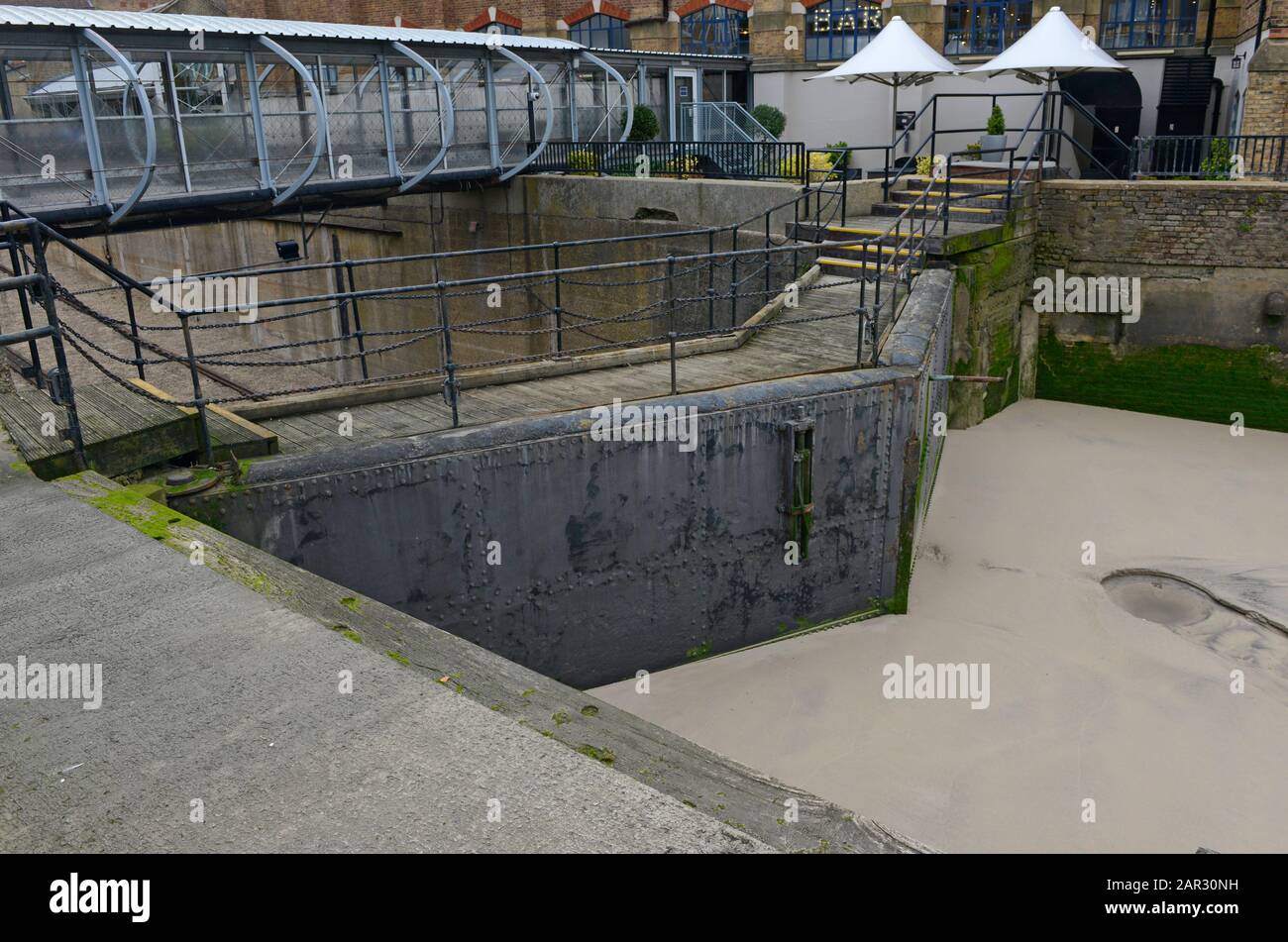 Dock area of Nelson dock opposite Canary Wharf on the southern bank of the river Thames, London, UK Stock Photo