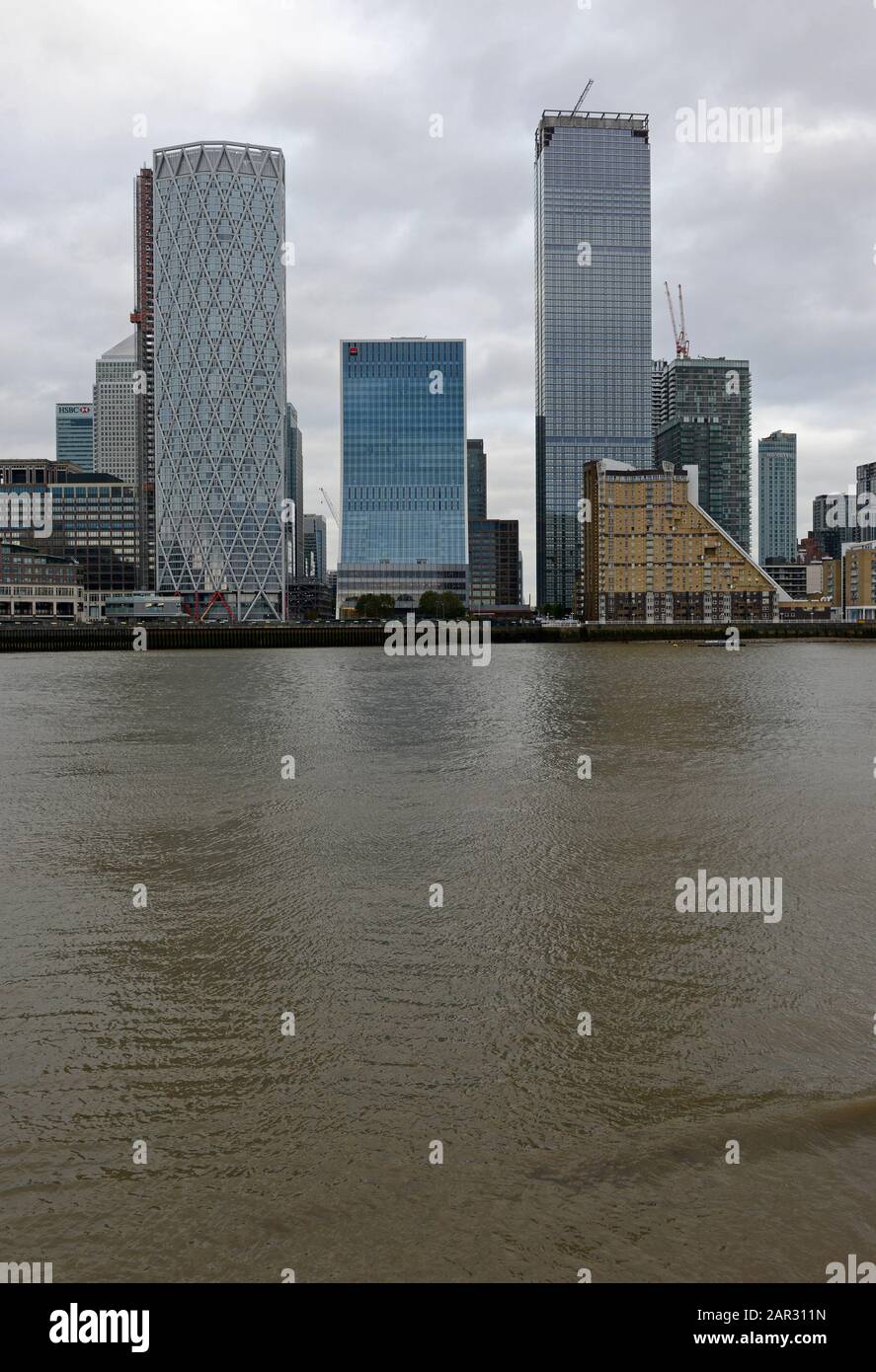 Tall buildings by the riverside in Canary Wharf, London, UK Stock Photo ...