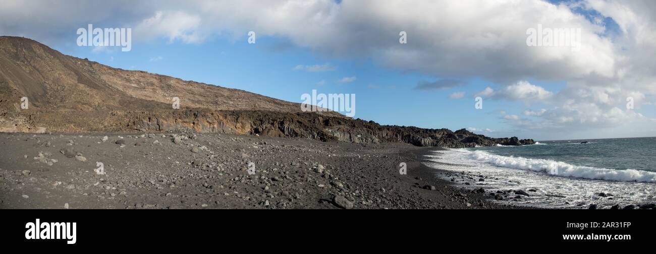 panoramic view of volcanic black sand beach Playa Nuevo at la Palma, Canary island, Spain Stock Photo