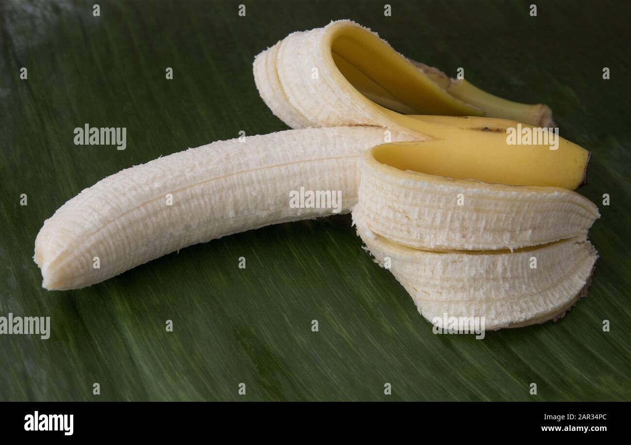 closeup of one open banana from above Stock Photo