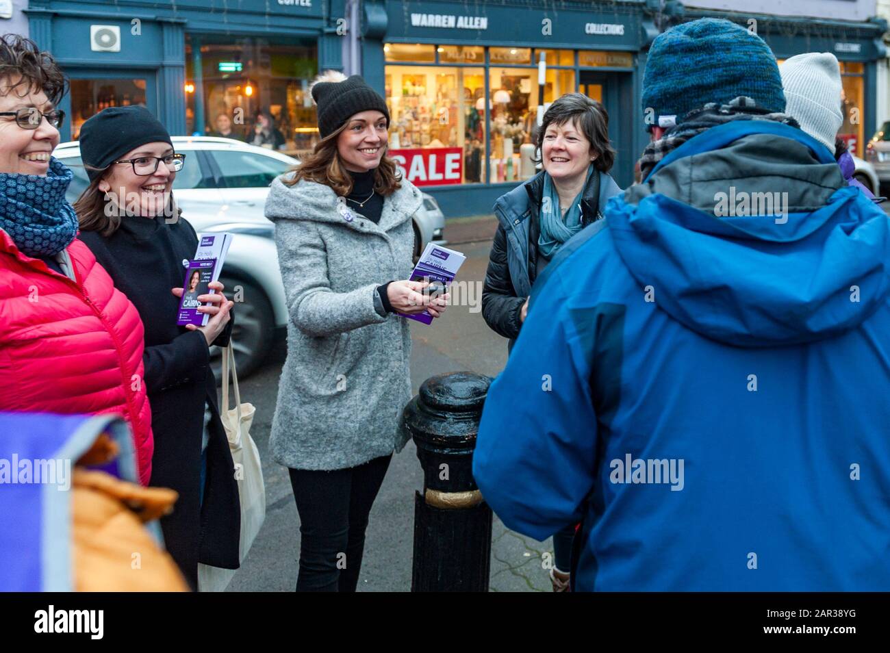 Bandon, West Cork, Ireland. 25th Jan, 2020. Election candidate Cllr. Holly Cairns (Social Democrats) and her team were out canvassing for votes in Bandon today.  Credit: Andy Gibson/Alamy Live News Stock Photo