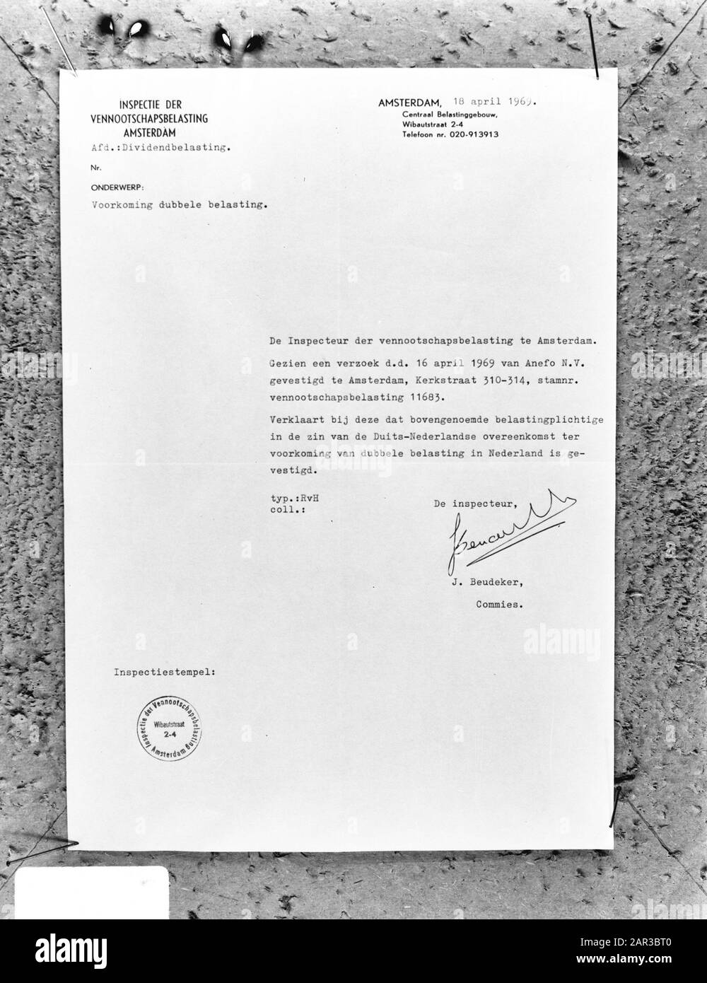 Form of Inspection of Corporate Tax at Amsterdam for Anefo, to prevent