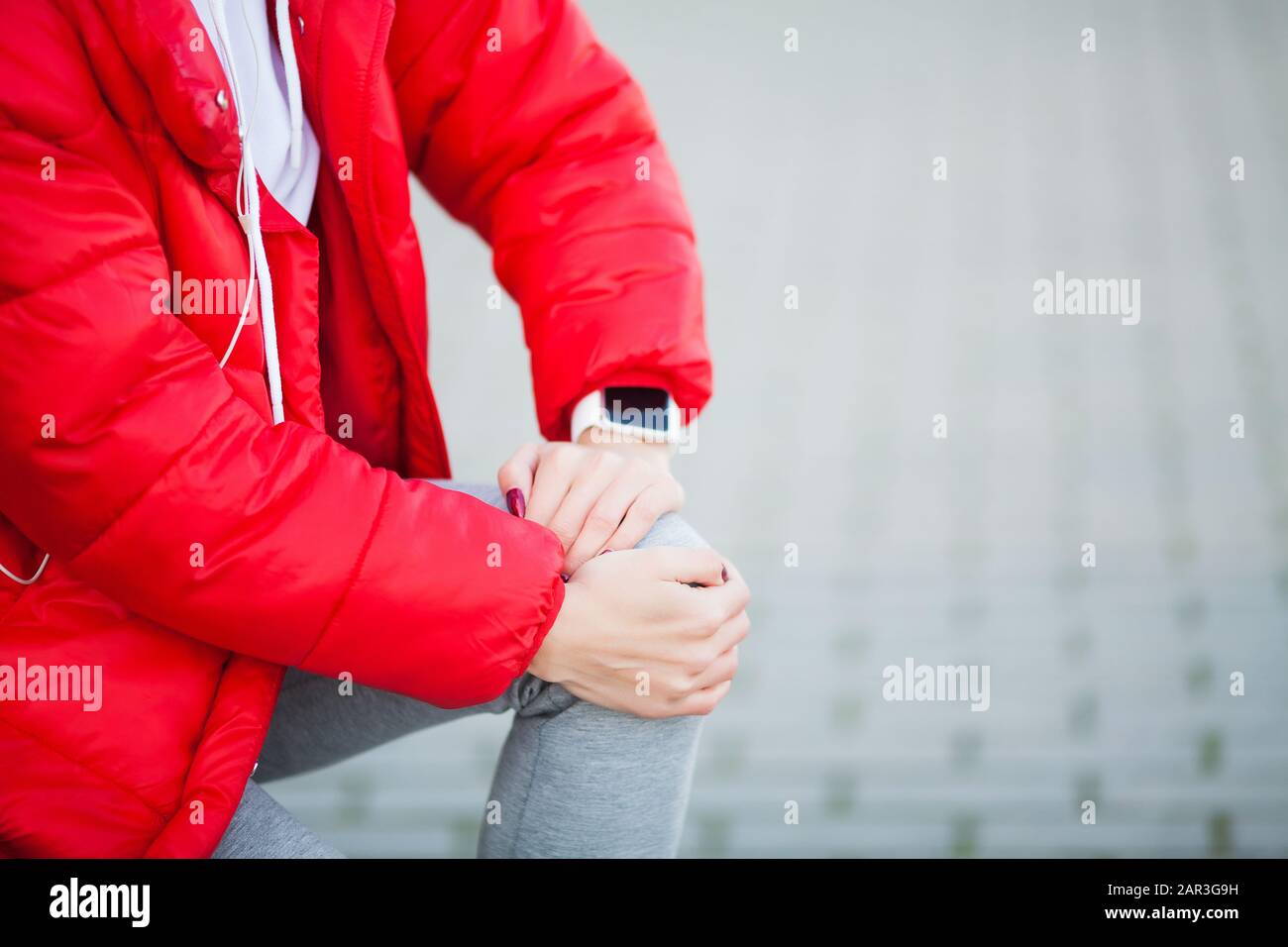 Leg Injury. Woman Suffering From Pain In Leg After Workout Stock Photo