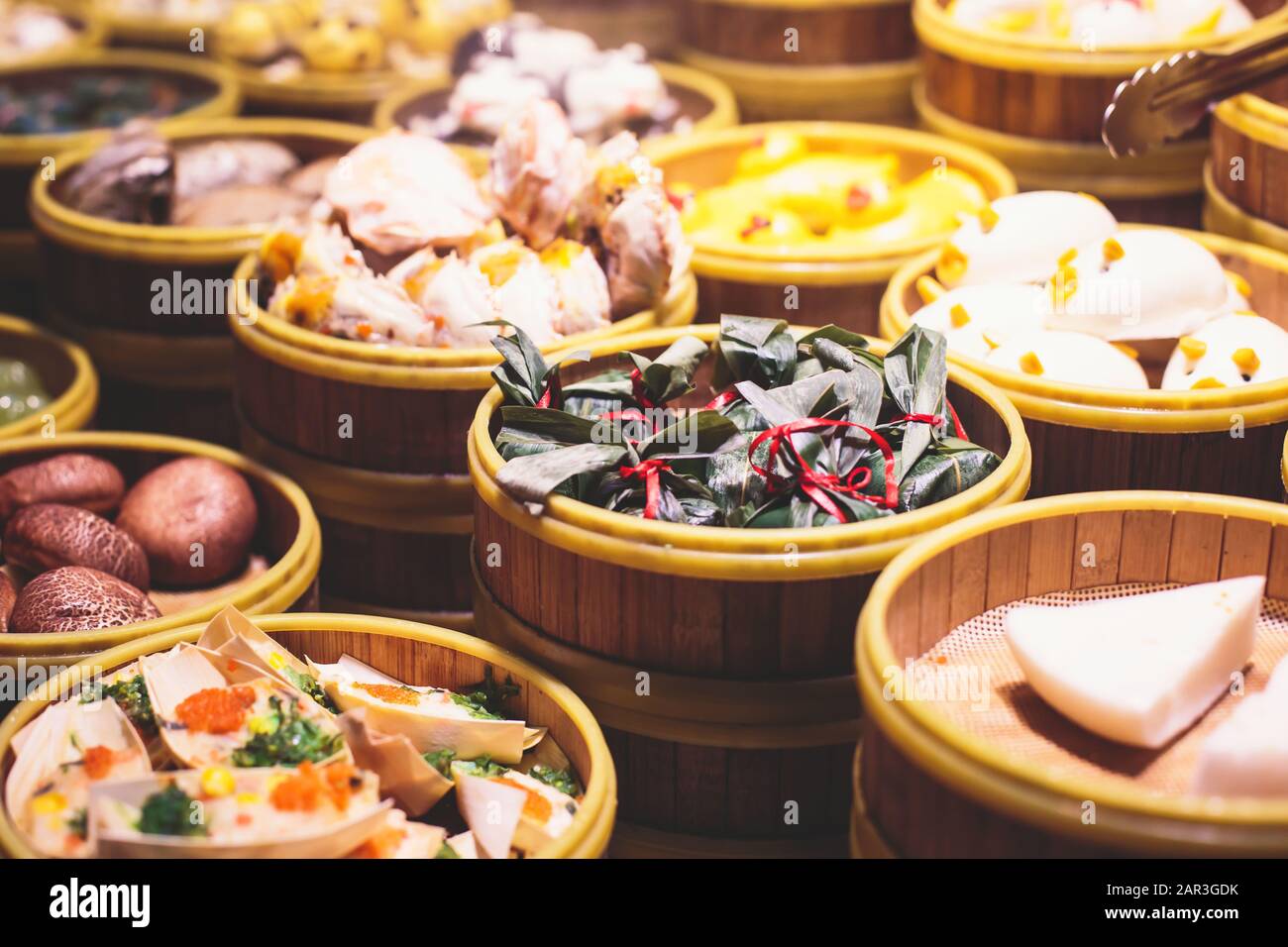 Assortment of different types of asian traditional street food in Shanghai, China Stock Photo