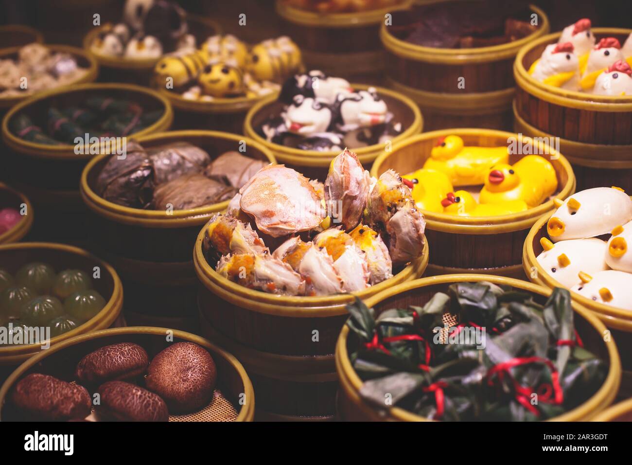 Assortment of different types of asian traditional street food in Shanghai, China Stock Photo