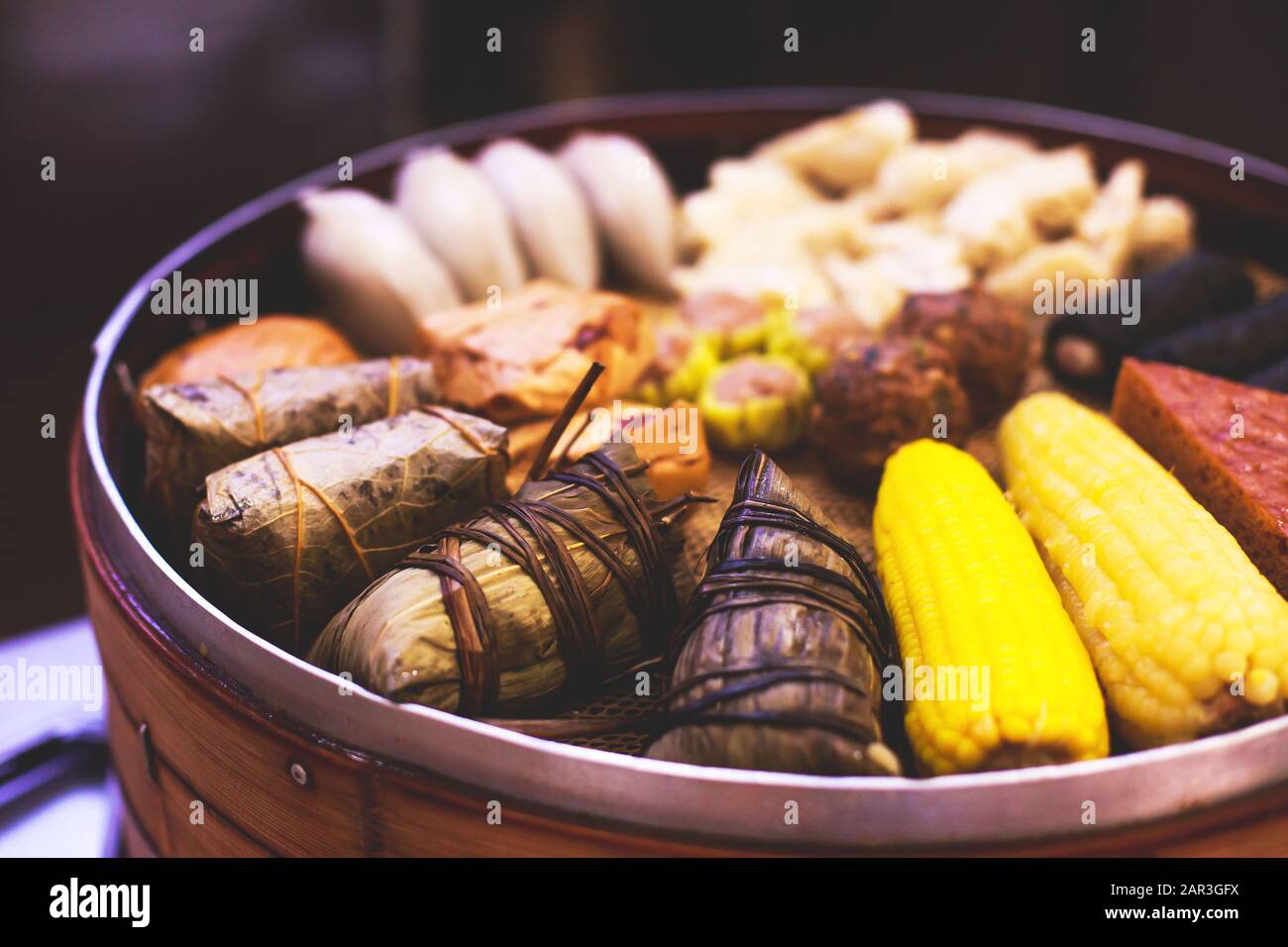 Assortment of different types of asian traditional street food in Shanghai, China Stock Photo