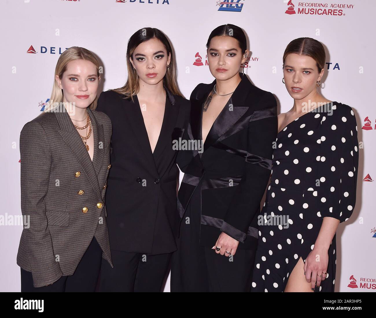 LOS ANGELES, CA - JANUARY 24: (L-R) Katie Henderson, Cristal Ramirez, Alisa  Ramirez and McKenna Petty of The Aces attend the 2020 MusiCares Person Of  The Year Honoring Aerosmith at West Hall