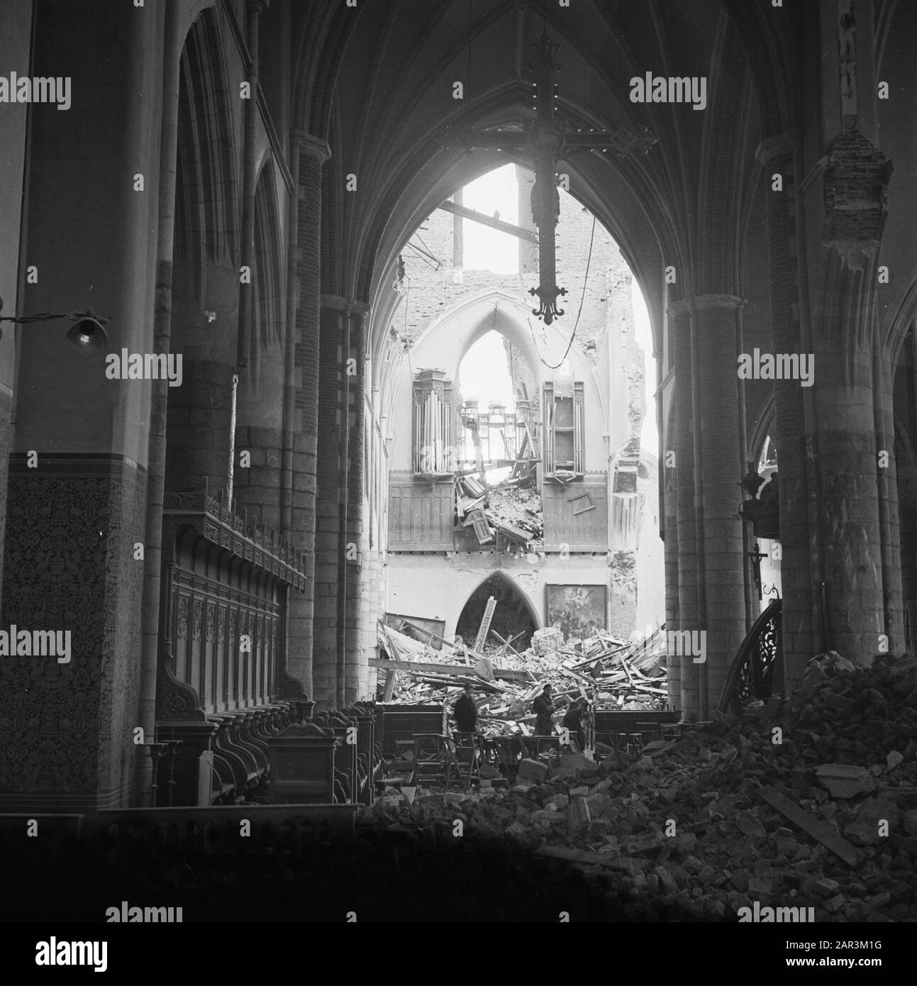 Vernielingen: Roermond  The destroyed organ of the Saint Christopher Cathedral in Roermond Date: March 1945 Location: Limburg, Roermond Keywords: churches, organs, Second World War, destruction Stock Photo