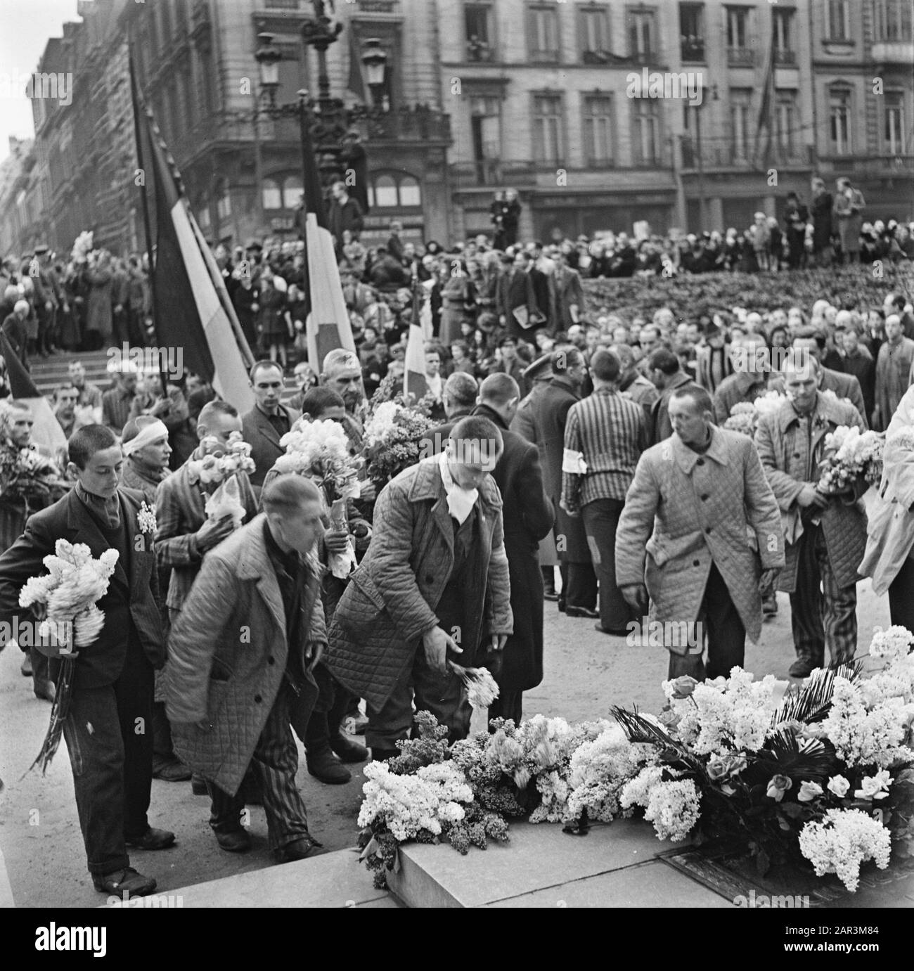 Liberation Festivals: Belgium Brussels  Wreath laying by liberated French political prisoners on the grave of the Unknown Soldier in Brussels. Date: april 1945 Location: Brussels Keywords: liberation parties, prisoners, wreaths, Second World War Stock Photo