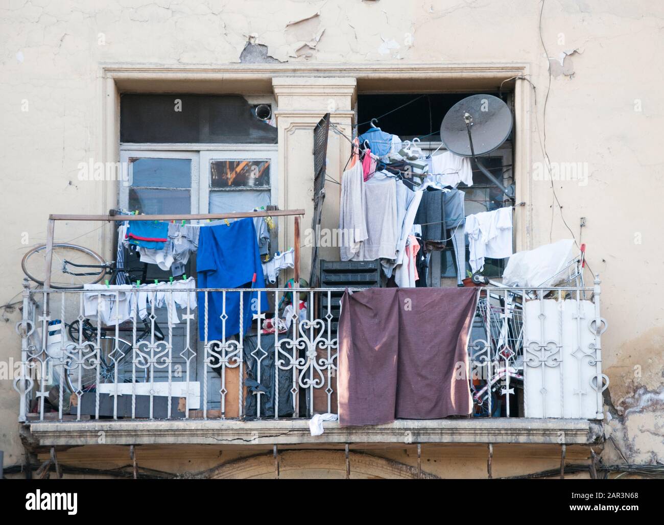 An apartment balcony crammed with household goods in Santiago de Chile, the Chilean capital. Stock Photo