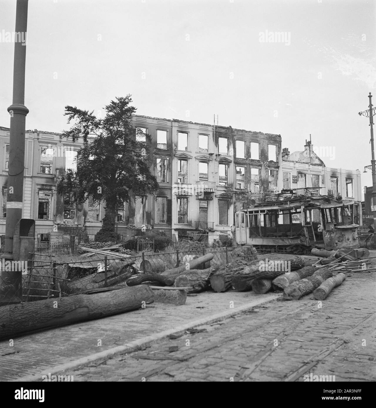 Destruction: Arnhem  [devastation environment station Arnhem. In the foreground a burnt tram] Date: June 1945 Location: Arnhem Keywords: Second World War, destruction Stock Photo