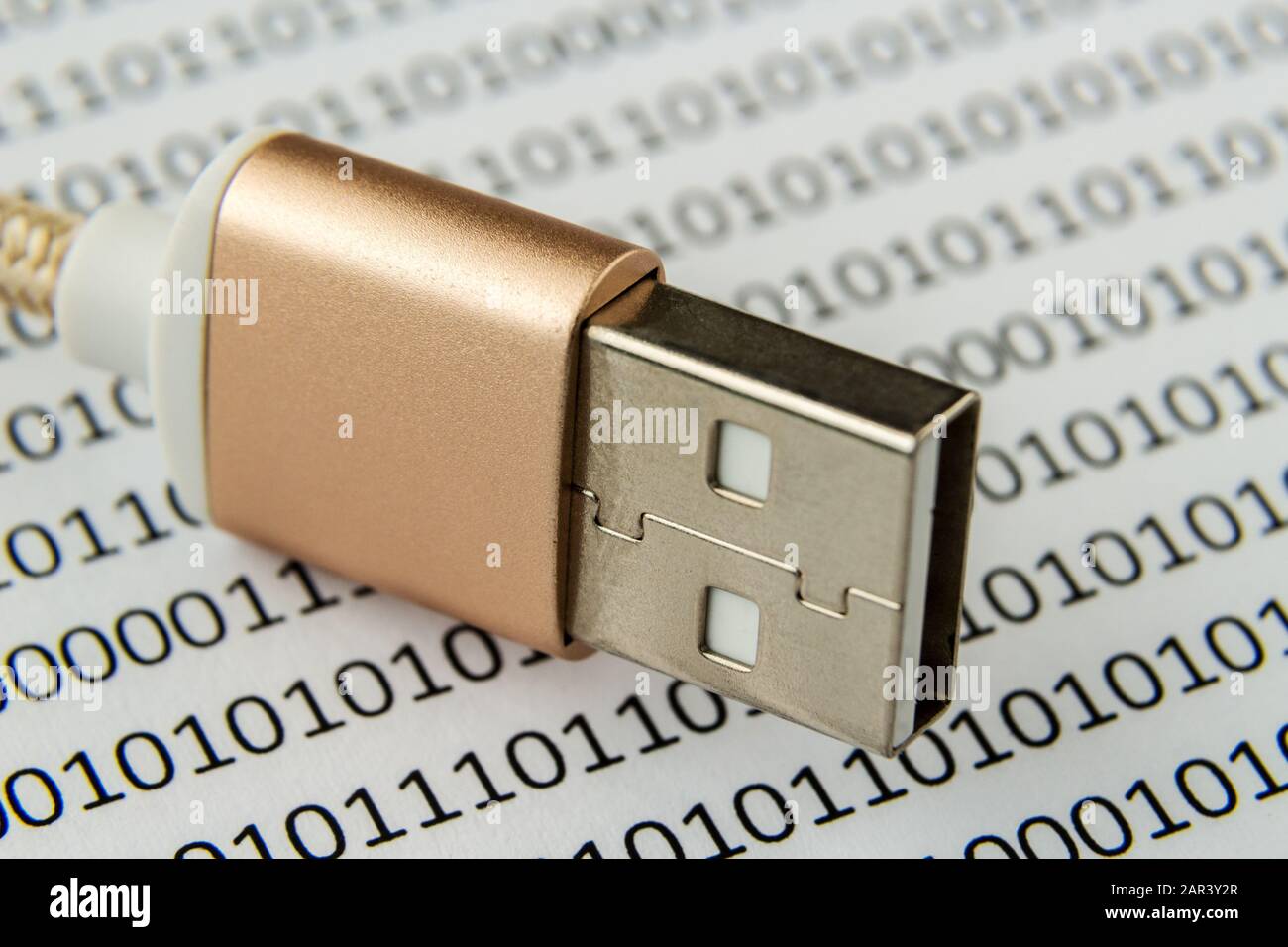 Closeup shot of a USB cable on a piece of paper with numbers and codes written on it Stock Photo