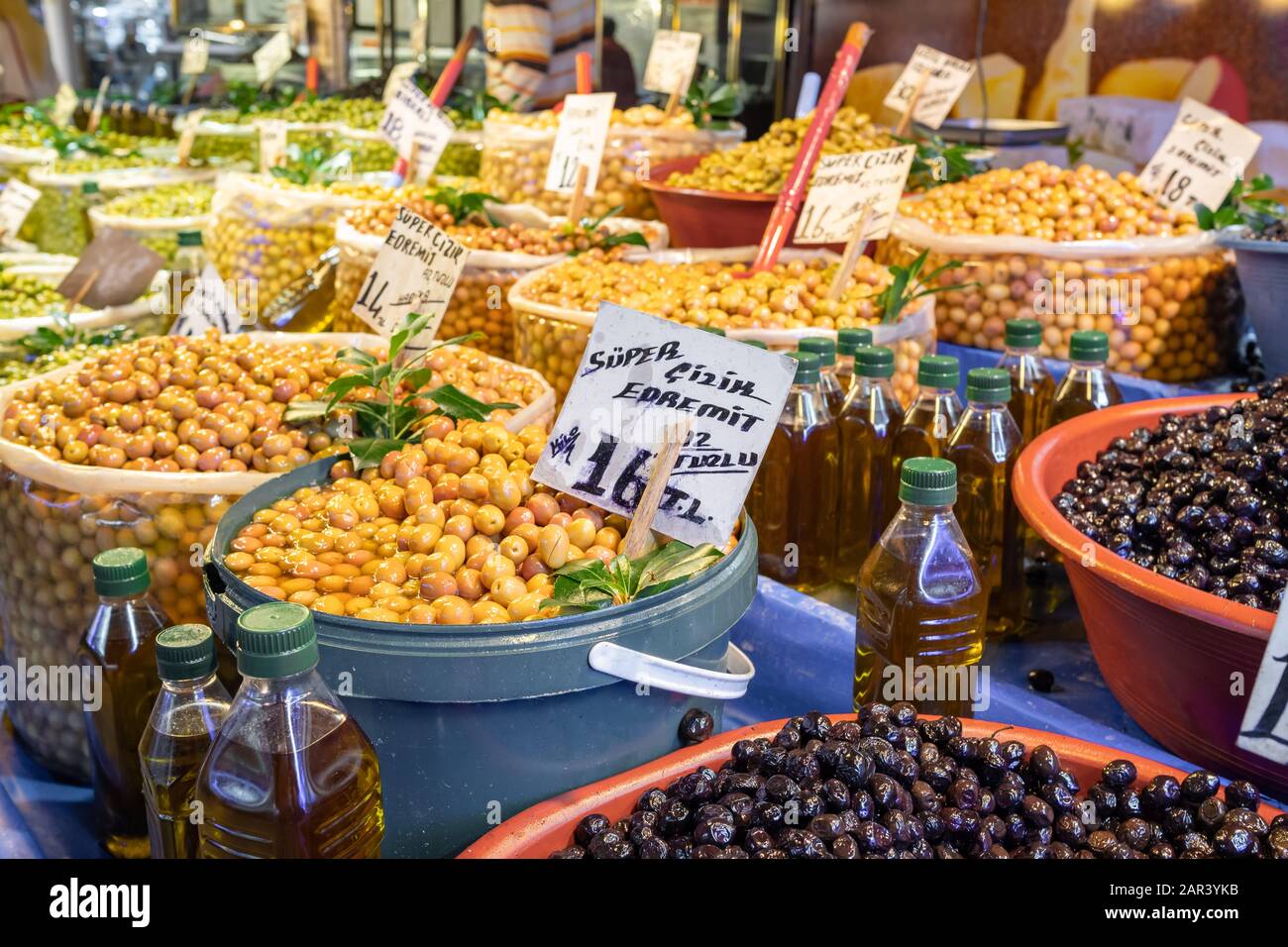 Assorted green and black olives at Turkish farmers market.  Stock Photo
