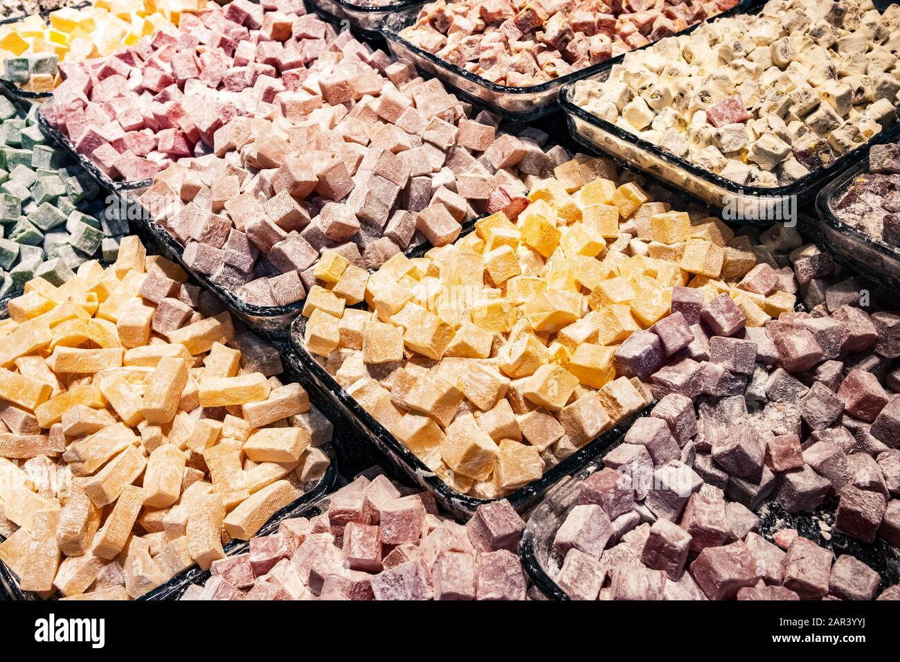Assorted turkish delight sweets in the shop Stock Photo