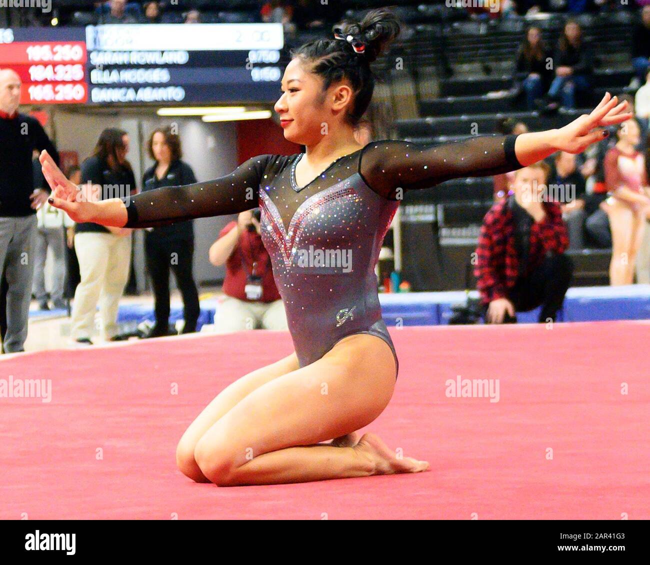 Columbus, Ohio, USA. 25th Jan, 2020. Ohio State Buckeyes Danica Abanto competes in the floor exercise against Central Michigan and Maryland in their meet in Columbus, Ohio. Brent Clark/CSM/Alamy Live News Stock Photo