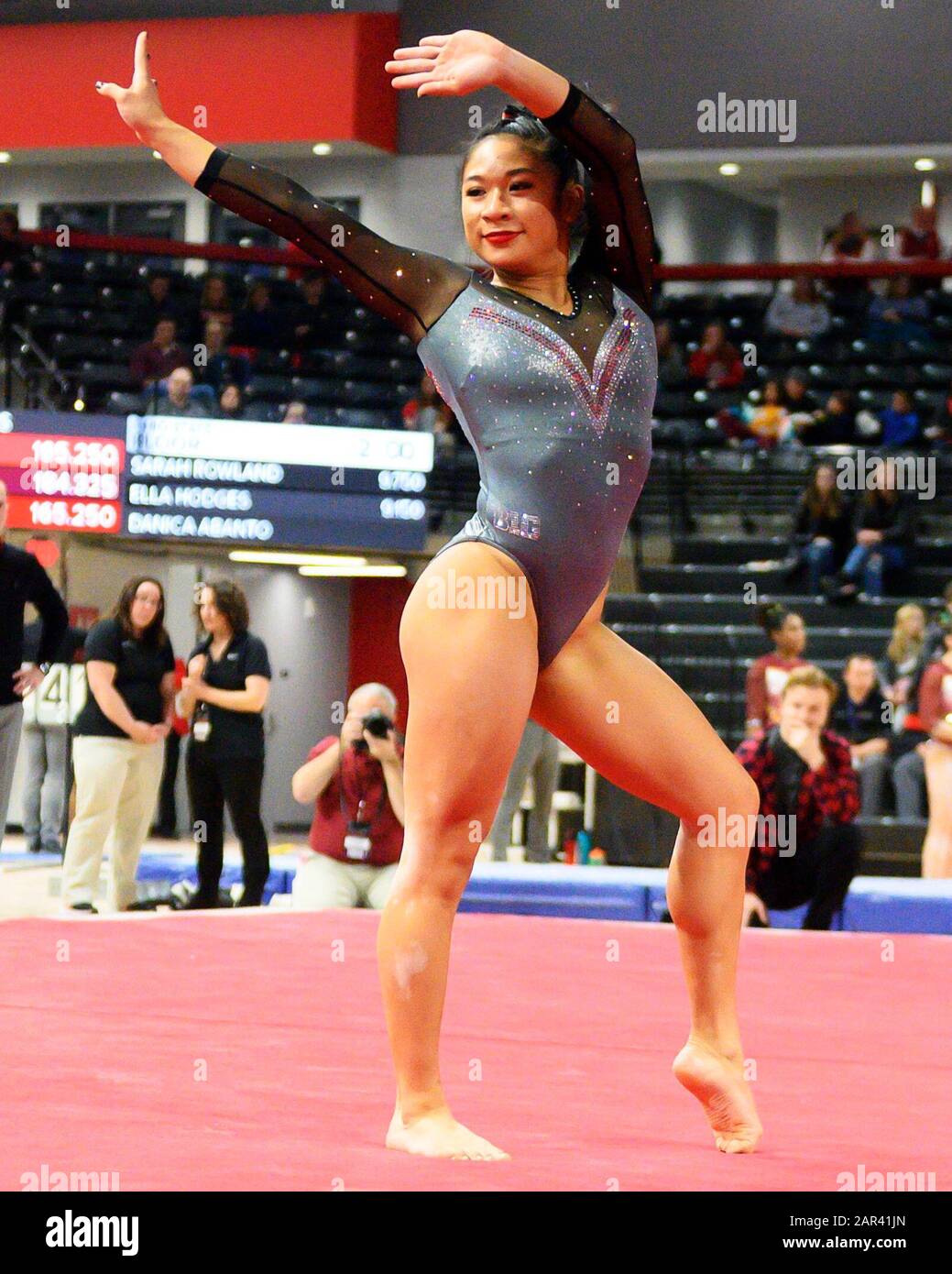 Columbus, Ohio, USA. 25th Jan, 2020. Ohio State Buckeyes Danica Abanto competes in the floor exercise against Central Michigan and Maryland in their meet in Columbus, Ohio. Brent Clark/CSM/Alamy Live News Stock Photo