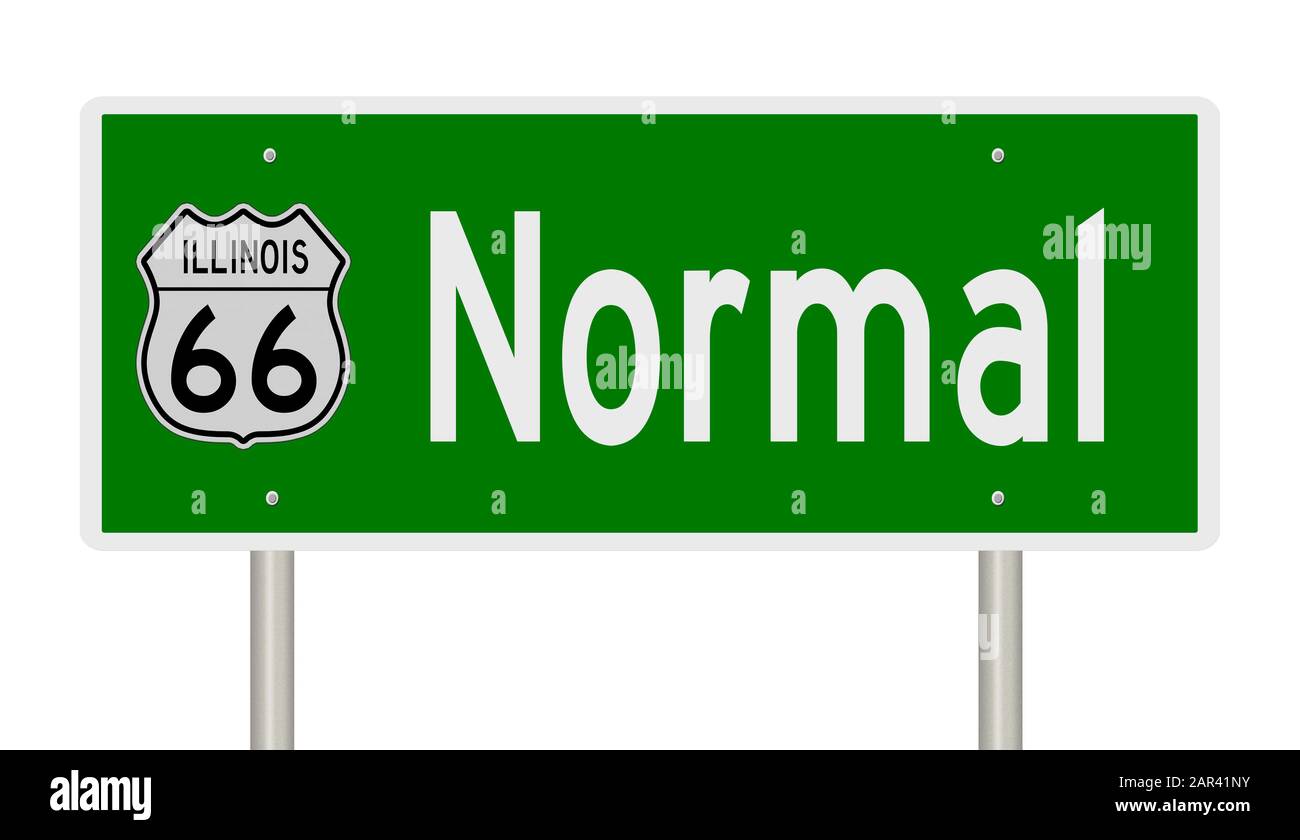 Rendering of a green 3d highway sign for Normal Illinois on Route 66 Stock Photo