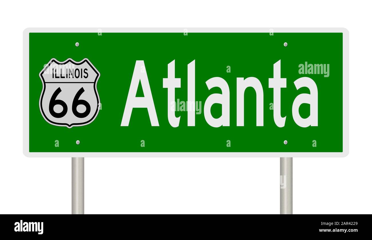 Rendering of a green 3d highway sign for Atlanta Illinois on Route 66 Stock Photo