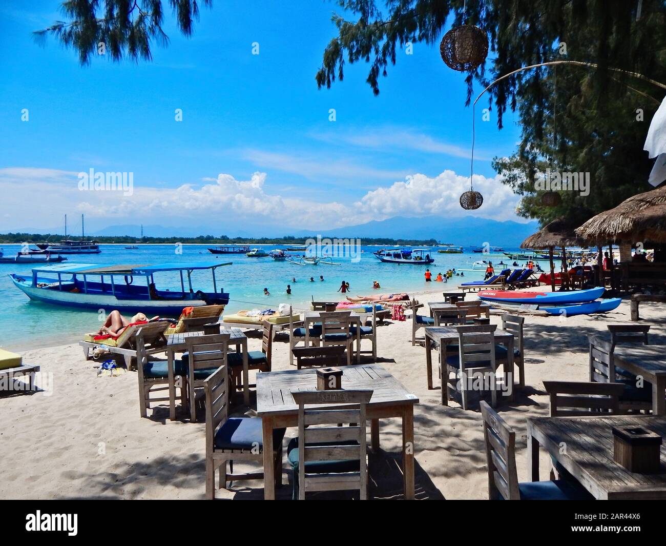 GILI TRAWANGAN, INDONESIA - Jun 09, 2019: Gili Trawangan island in Indonesia has many beach bars and restaurants for tourists to enjoy. Stock Photo
